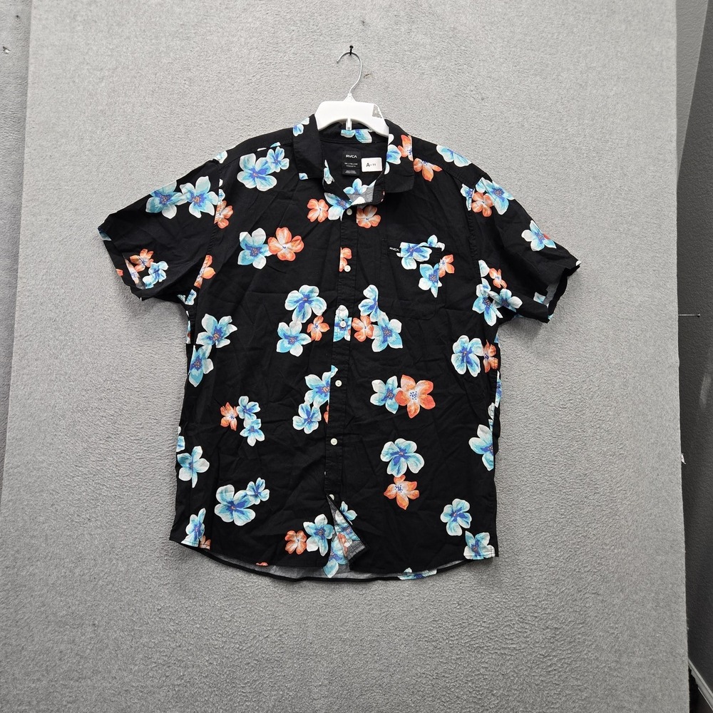 RVCA Men Button Up Shirt XXL Black Shirt Floral Hawaiian Shirt